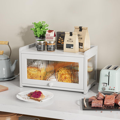 Bamboo Bread Box For Kitchen Counter, Large Capacity Bread Storage Container Farmhouse Bread Box With 3 Sides Wavy & Back Clear Window, Breadbox Bread Bin Holder