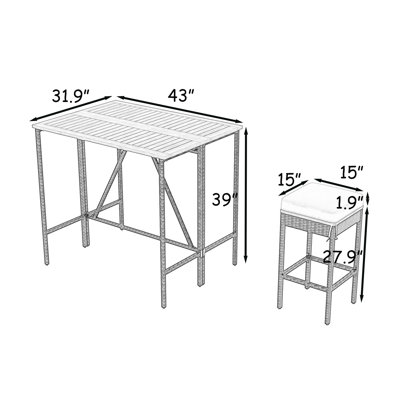 Wooden Outdoor Bar Table with Stools and Cushions