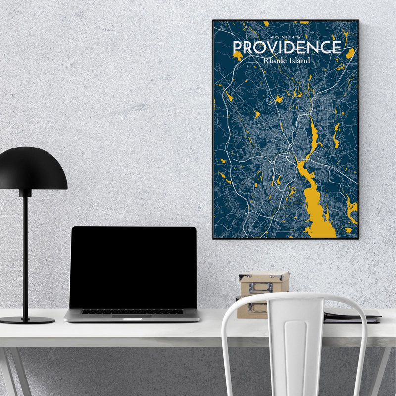 Providence, carte de la ville, impression, H 36 po x l 24 po, Bleu / jaune