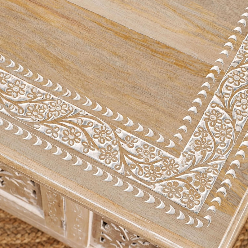 Coffee Table in Solid Wood With Hand Carving 36x18"_White wash Rectangular