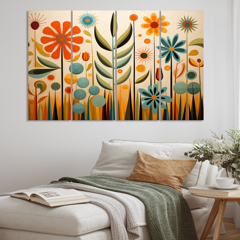 «Red Mid Century Mod Nature», reproduction de toile tendue 4 pièces