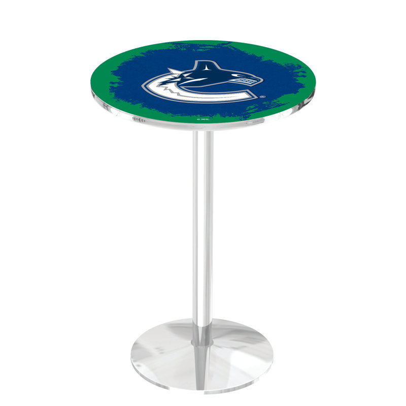 NHL Round Metal Base Dining Table, Chrome, Vancouver Canucks