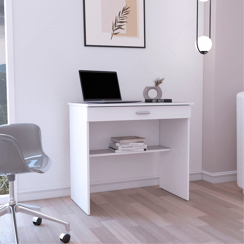 Bureau d'écriture 80 C, poste de travail compact avec tiroir et tablette inférieure, Blanc