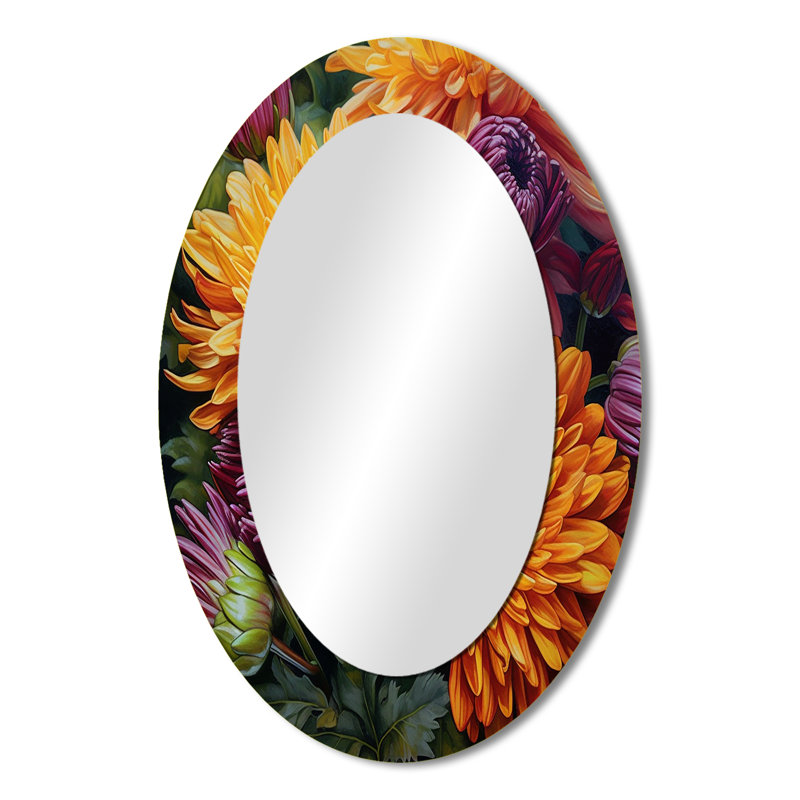 Orange orange mamans mauves en fleurs - Miroir décoratif floral ovale sur métal, 36 po x 24 po