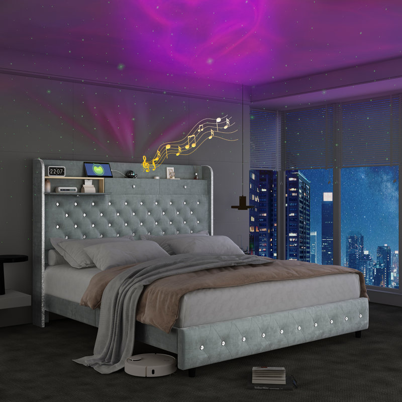 LED Bed Frame with 52" Crystal Button Tufted Upholstered Headboard, Galaxy Projector & Charging Station, Queen, Grey
