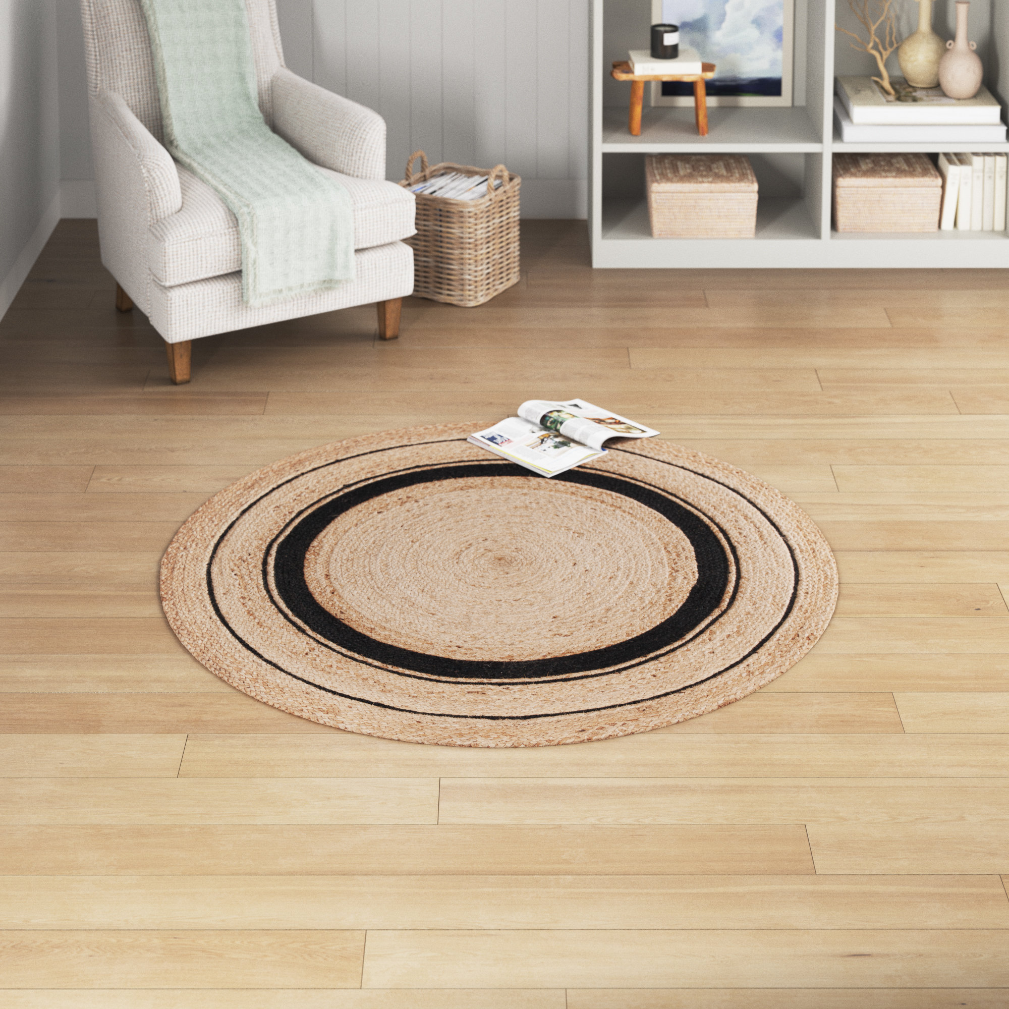 Sand & Stable™ Round Paola Geometric Handwoven Jute Black/Natural Area ...