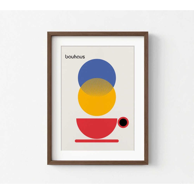 «Coffee», art mural abstrait: cercles de style bauhaus, H 36 po x l 48 po, Framed Print with Mat, Brun