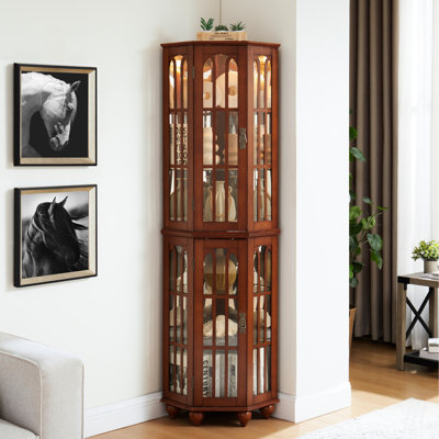 Solid Wood Legged Corner Curio Cabinet With Tempered Glass Shelves And On/off Switch Walnut 4 Adjustable Removable