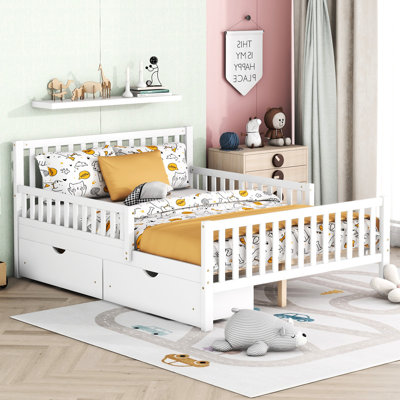 Lit plateforme double en bois de conception classique avec garde-corps et deux tiroirs de rangement pour une élégante chambre à coucher équipée en blanc