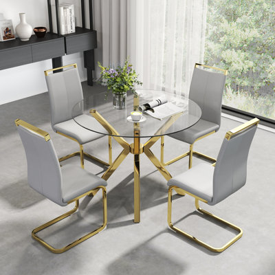 Modern Round Glass Dining Table Set with 4/6 PU Upholstered Chairs, Silver/Black/Gold Chrome Legs for Dining, Kitchen