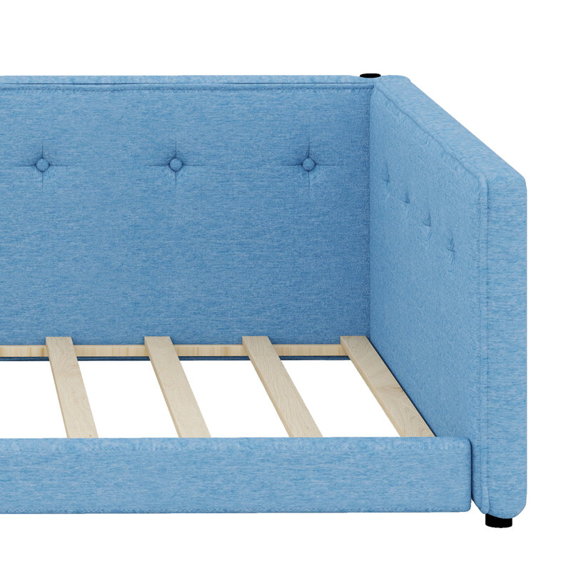 Lit plateforme tapissier avec ports USB, Bleu