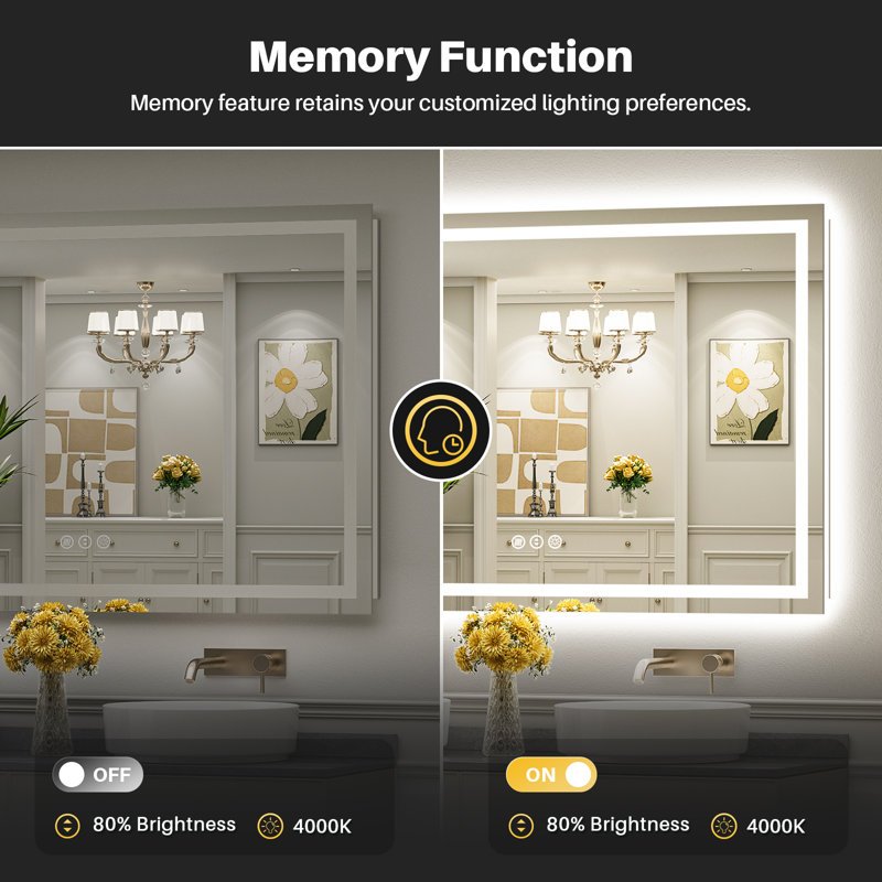 LED Bathroom Mirror with Lights, Backlit & Front Lit, Lighted Wall Mirrors for Bathroom Vanity, Touch Screen Dimmable, Anti-Fog, Memory Function, HD Tempered Glass, Shatter-Proof, ETL Listed