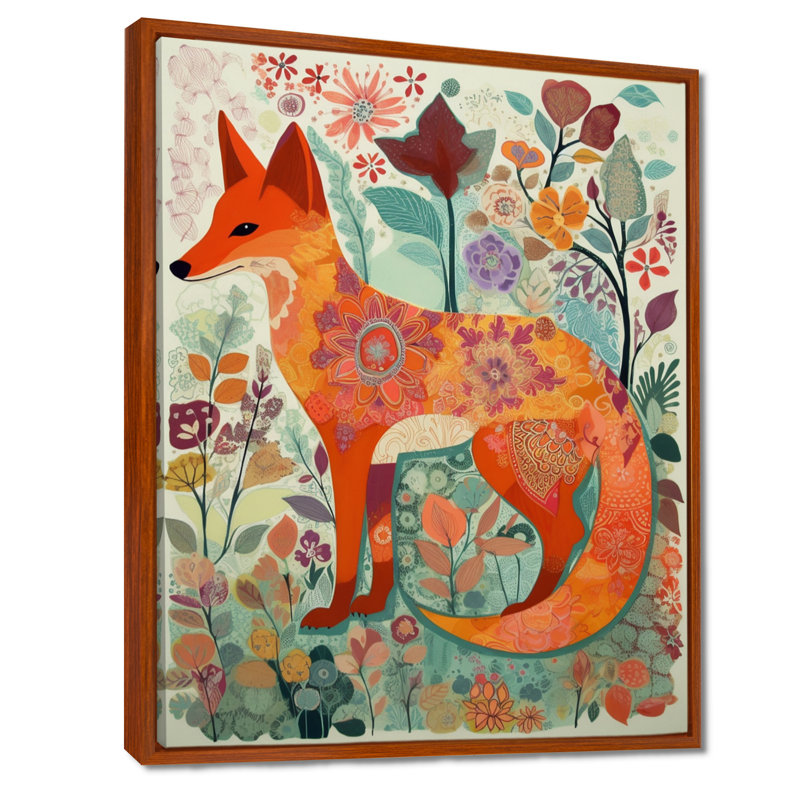 Boho renard dans une forêt de fleurs, Toile brune avec cadre flottant, H 32 po x l 24 po
