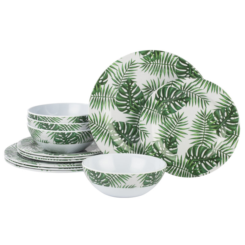 12pc Green Leaves Melamine Dinner Set
