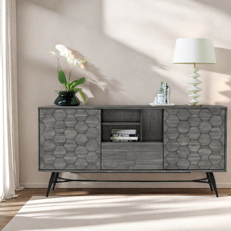 Buffets et buffets en bois d'acacia durable, gris moderne, rangement polyvalent