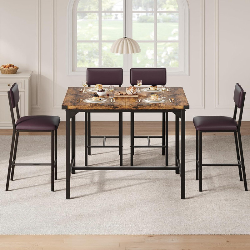 Dining Table Set for 4 – 5-Piece Counter Height Table with 4 Upholstered Bar Stools, Footrest & Corner Protector for Kitchen, Apartment