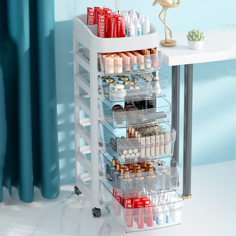 6-Drawer Rolling Storage Cabinet, Clear Plastic Organizer Cart with Wheels & Top Shelf