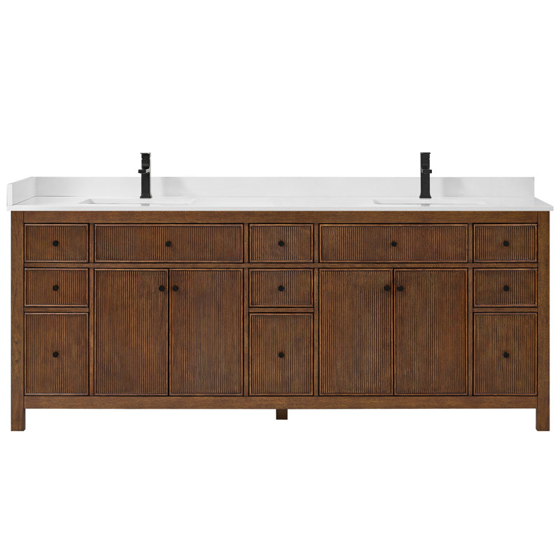Pendry 84" Freestanding Double Bathroom Vanity with Top, Dark Walnut, Brushed Gold, White Quartz