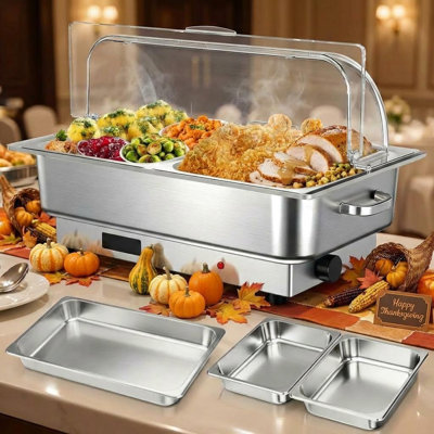 Electric Chafing Dish Set with Temperature Control, 9QT Stainless Steel Food Servers and Warmers with Transparent Lid, Perfect for Catering, Weddings, and Parties, High-Quality Buffet Set