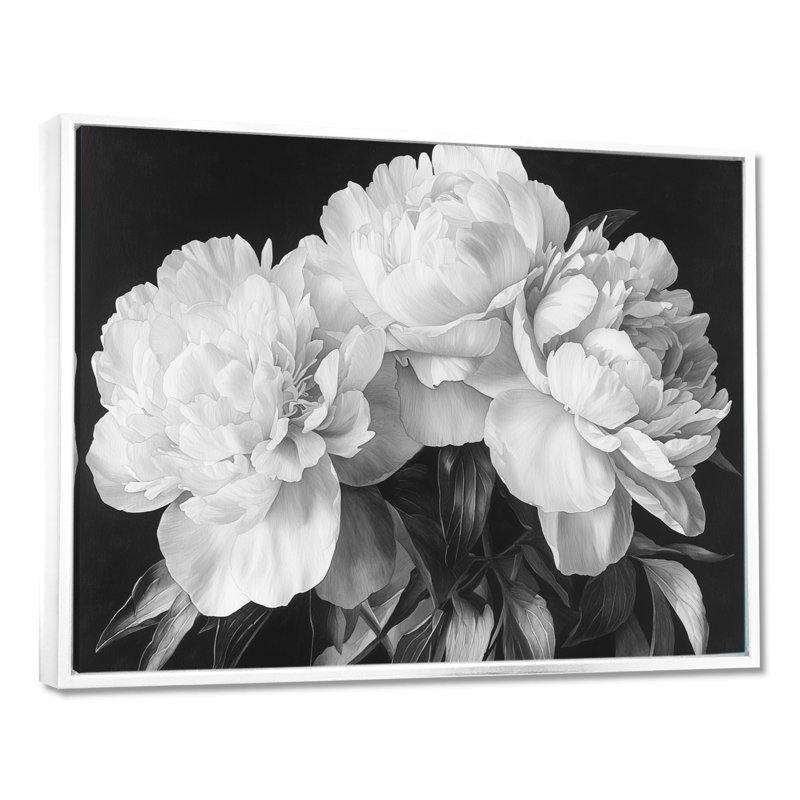 Pivoines en blanc et noir - impression sur toile encadrée de pivoines, H 34 po x l 44 po, Floater Framed, Blanc