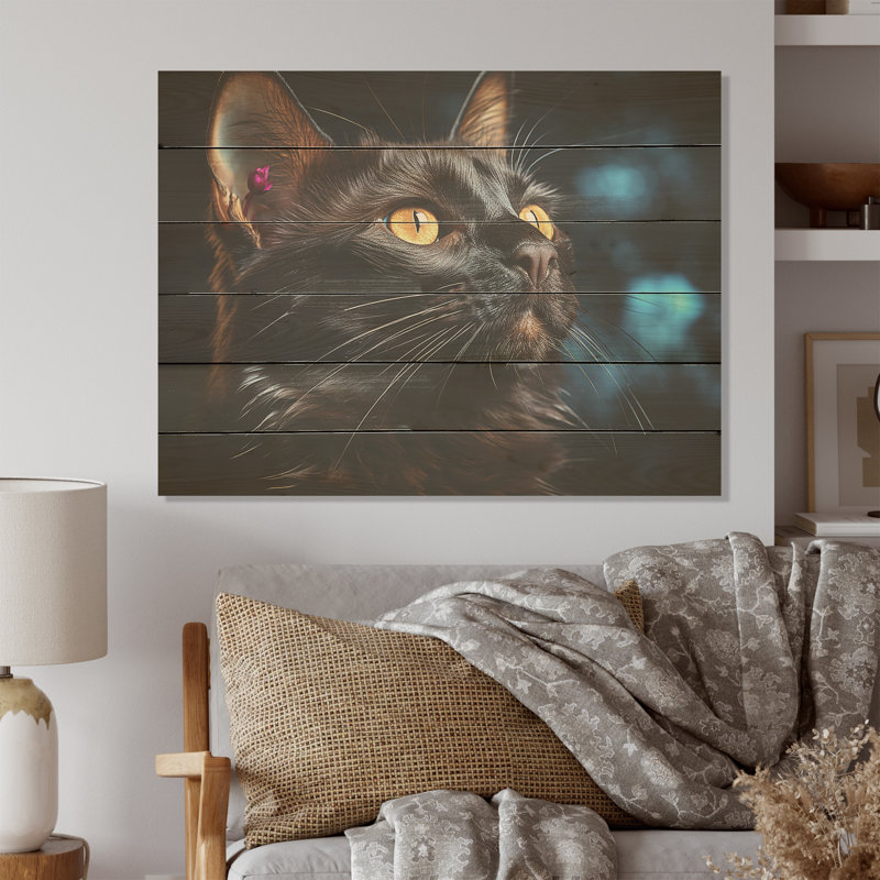 Beauté birmane, chat noir - Art mural en bois sur bois de pin naturel, H 24 po x l 32 po