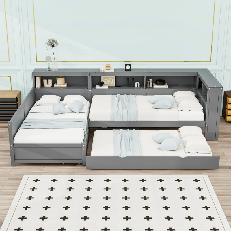 Lit plateforme simple en bois avec tiroir, station de charge et lit gigogne, gris