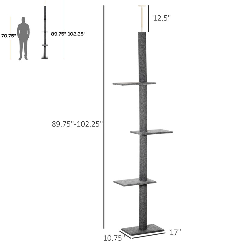 Arbre à chat de 8,5 pi de hauteur, plancher-plafond réglable avec des textures douces et des plateformes pour le jeu du chaton, meubles d'escalade gris, chatons confortables à gratter la tour
