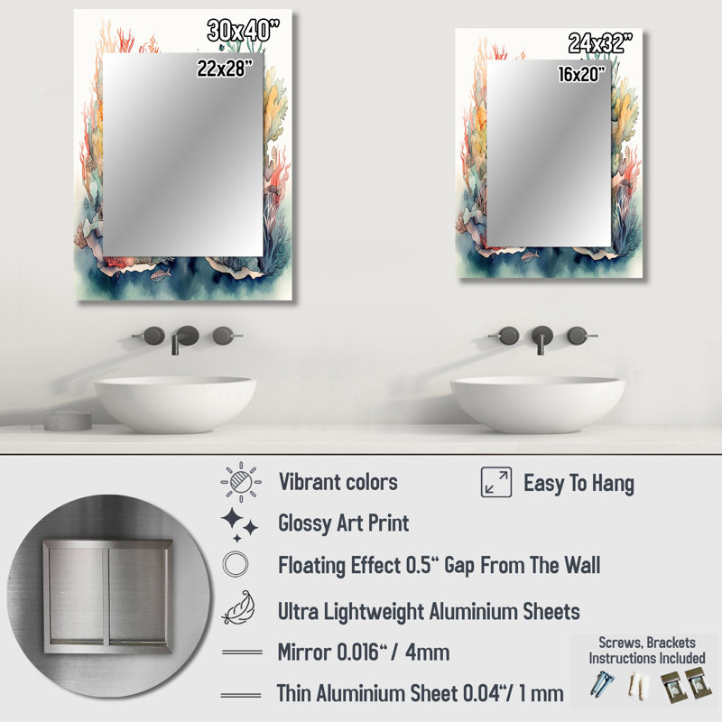 Vibrant Coral Reef II - miroir décoratif de plage, miroir mural moderne, impression d'art en métal, 40 po x 30 po
