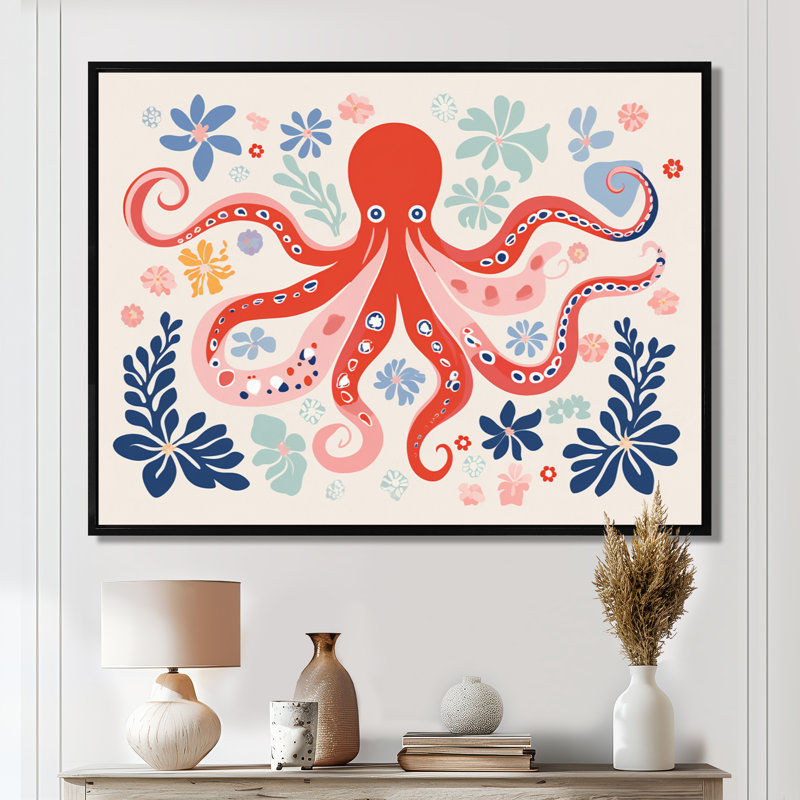 Illustration rétro de la pieuvre rouge océan profond - pieuvre / calmar, Toile flottante noire encadrée, H 34 po x l 44 po