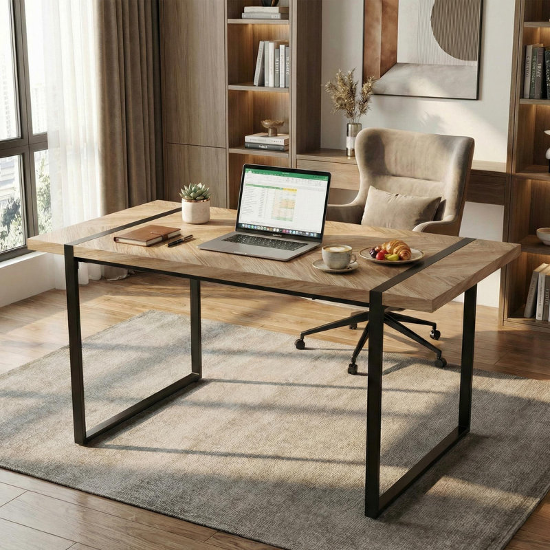 Modern Industrial 59" Rectangular Dining Table With Black Metal Legs And Engineering Wood Top, Natural Wood