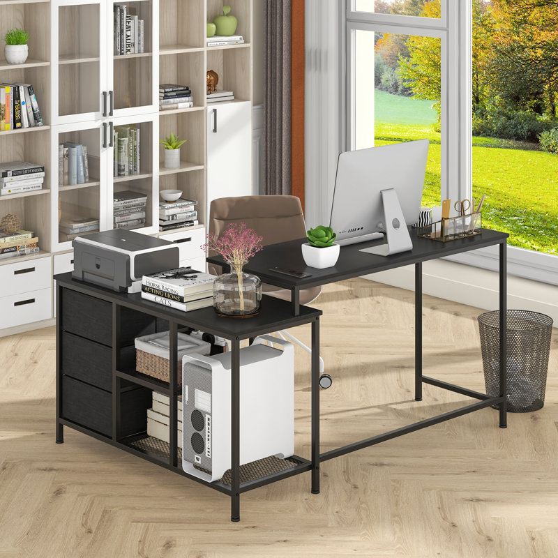 L-Shaped Computer Desk with Drawers & Shelves 81” Convertible Home Office Desk with Charging Station, Black/Black
