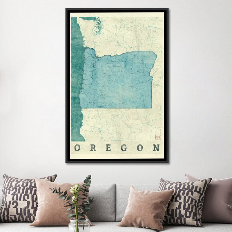 «Oregon Map», impression sur toile, H 26 po x l 18 po x P 1,5 po, Toile avec cadre noir, Pas de tapis