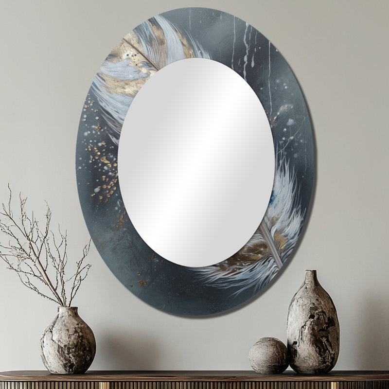 Plume dorée Wanderlust II - grand miroir mural ovale sur métal, 40 po x 30 po