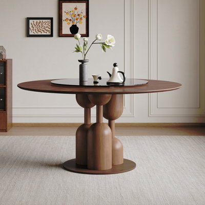 Round Dining Table with 35-inch Tempered Glass Lazy Susan, Handcrafted Japanese Style Sculptural Table for Living Room and Restaurant