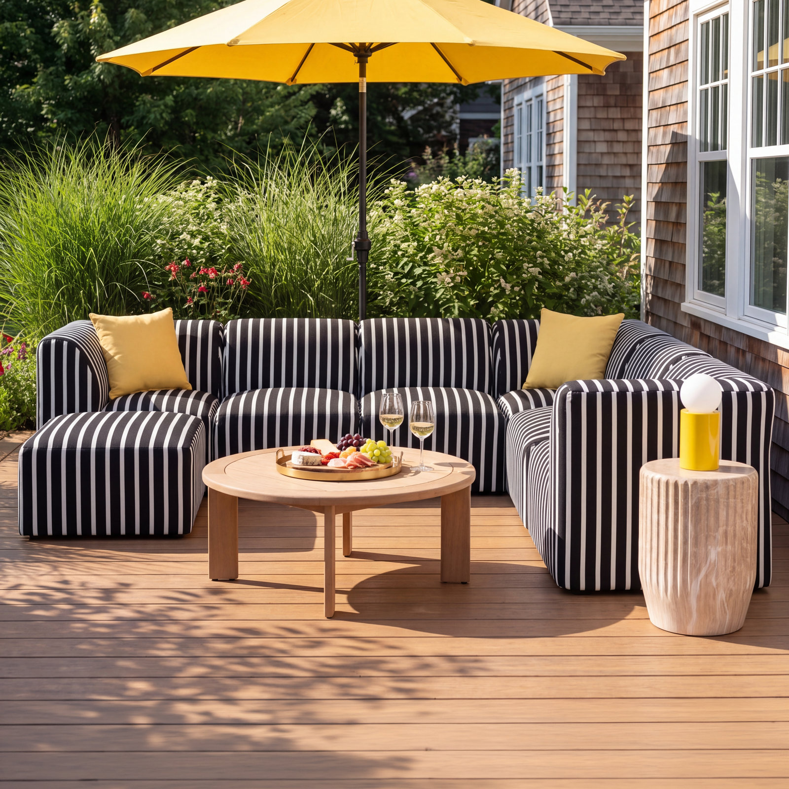 Eliana 124" Sunbrella® Patio Sectional, Shore Classic Black Stripe Sunbrella®