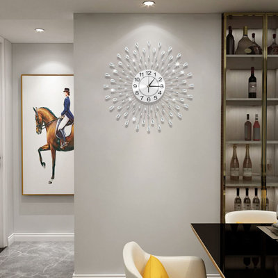 Bling Shining 24-Inch Modern Silver Starburst Wall Clock, Silent Non-Ticking For Living Room Decor