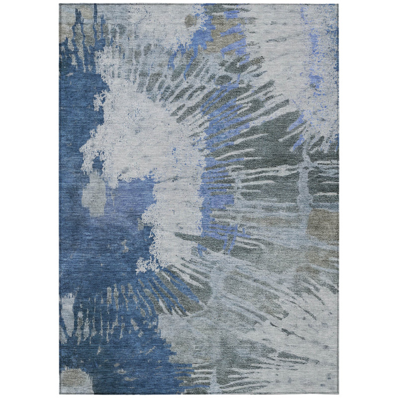 HomeRoots 3' X 5' Denim Blue And Navy Blue Abstract Washable Indoor Outdoor Area Rug