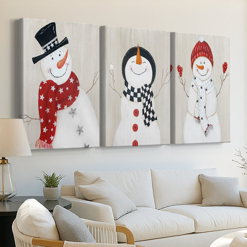 Festive Snowman I - Toile tendue avec châssis sur mesure - 3 pièces, H 12 po x l 24 po