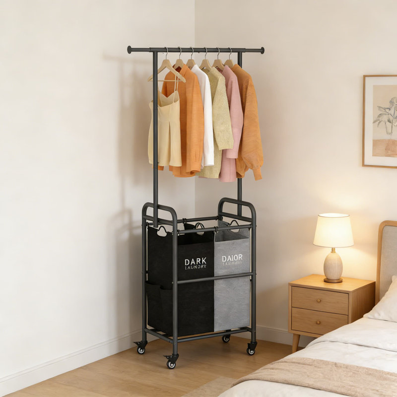 Trieur de linge avec barre de suspension et sacs amovibles, panier à roulettes à 2 sections avec roues verrouillables, cadre en métal robuste pour un rangement robuste