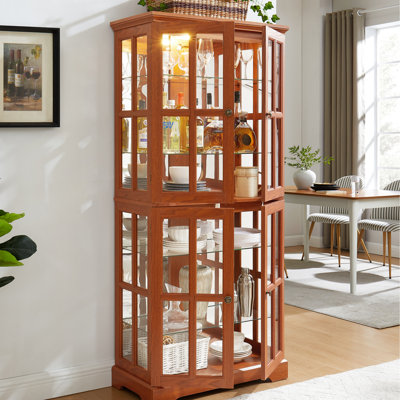 Antique Display Cabinet In Dark Oak With Glass Doors, Adjustable Shelving, Integrated Lighting, And Support Base For Collectibles American Style, Case, Shelves, Included Hallway Decor