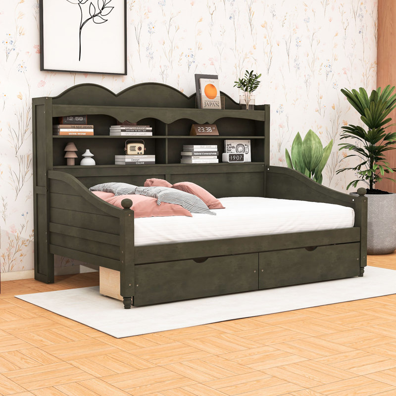 Lit de jour simple avec tiroirs de rangement et tablettes, Gris antique