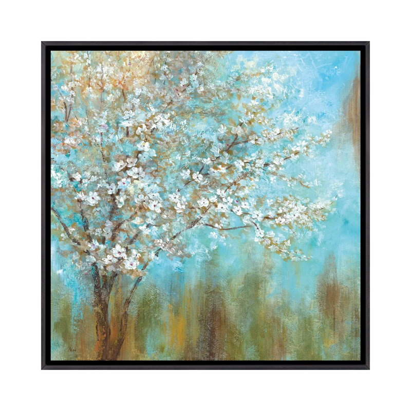 Reproduction d’art, "Cherry Blossoms" par Nan, Toile avec cadre noir patiné, Pas de tapis, H 18 po x l 18 po x 1,5 po