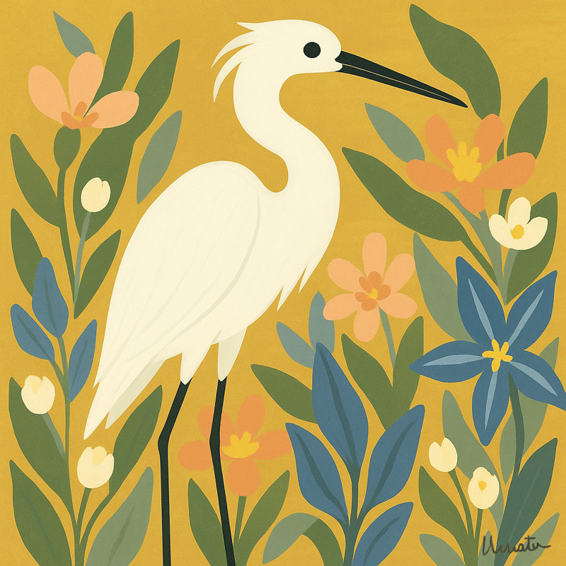 «Golden Garden Heron», art mural moderne sur toile