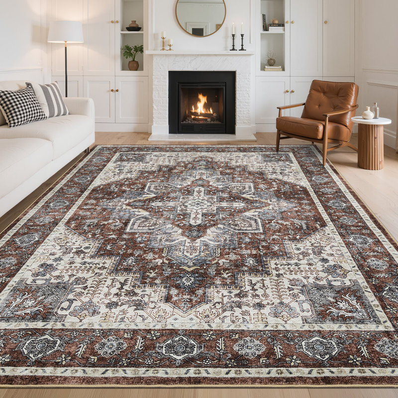 Oriental Machine Washable Area Rugs for Living Room Non-Slip Low Pile Distressed Carpet with Rubber Backing for Bedroom Dining Room Nursey