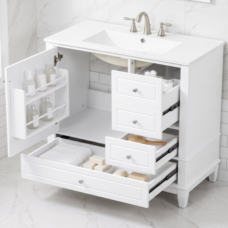 Meuble-lavabo autoportant de 91 cm (36 po) en bois massif et MDF blanc avec lavabo en céramique intégré et rangement, Blanc