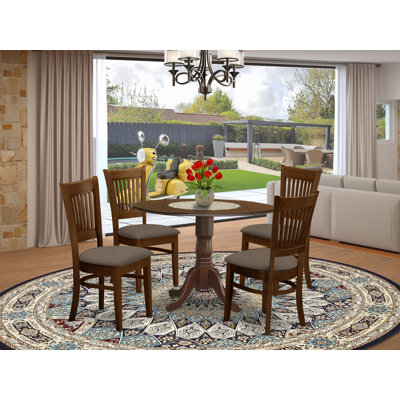 5 Piece Dining Set Includes a Round Dining Room Table with Dropleaf and 4 Linen Fabric Chairs, Espresso