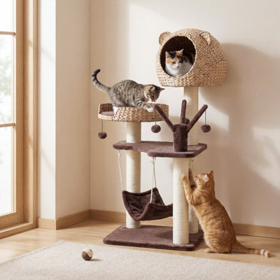 Arbre à chat autoportant à 5 niveaux avec niche, hamac et balles rotatives, brun