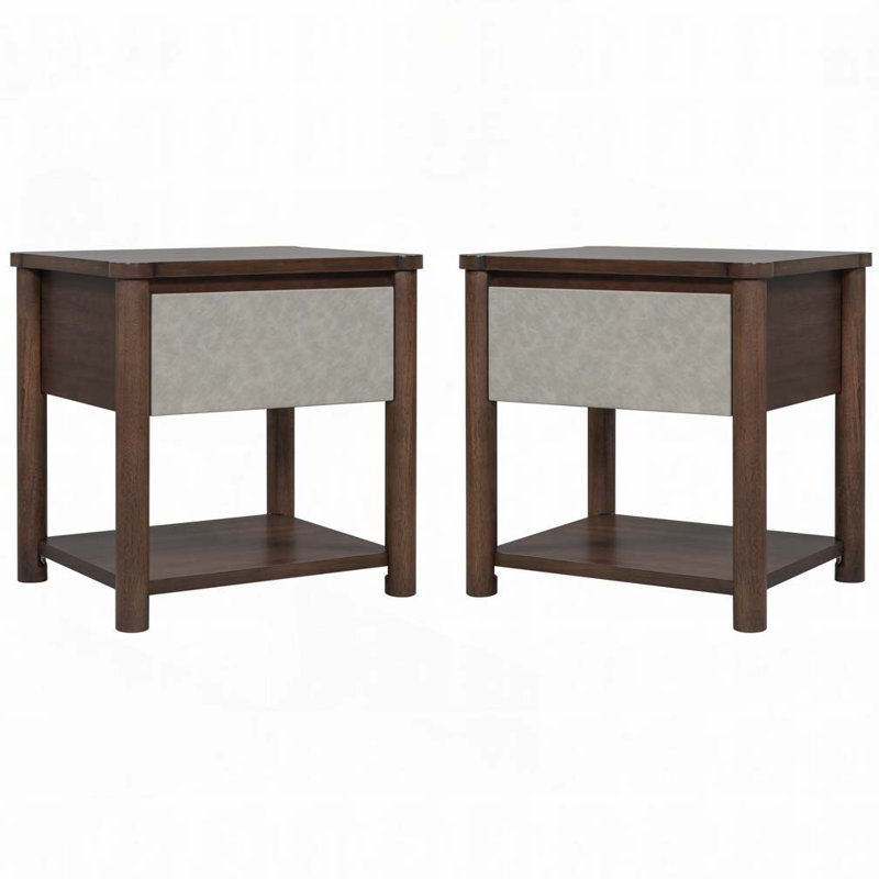 Table de chevet en bois Farmhouse, Gris clair / noyer