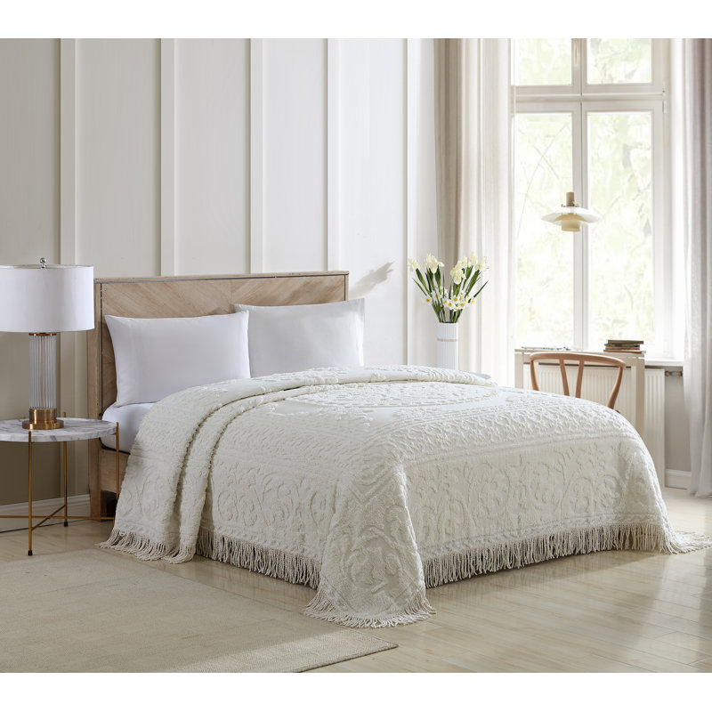 Ivory Medallion Chenille King Bedspread with Fringe Detail