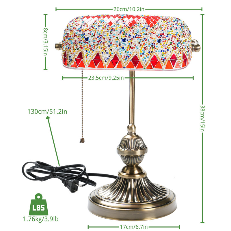 Lampe de bureau turque en mosaïque avec interrupteur à chaînette, lampe de bureau d'inspiration rétro avec abat-jour en mosaïque colorée fabriquée à la main